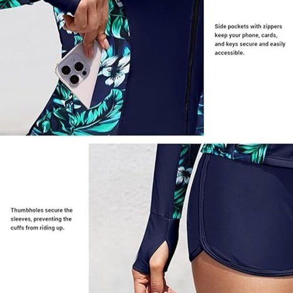 Daci Women Coconut Print 2 Piece Rash Guard LS Swimsuit UV Block Blue Leaves XL - Picture 5 of 7